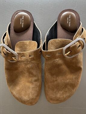 Rag & Bone Ansley Slide In Golden Brown Suede Flat Clog Mules Size 8